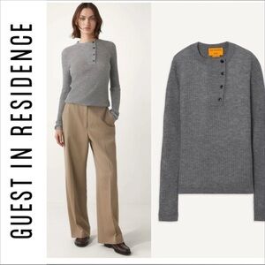 NWOT GUEST IN RESIDENCE Cashmere Crew Neck Offset Henley Sweater in Grey Size S